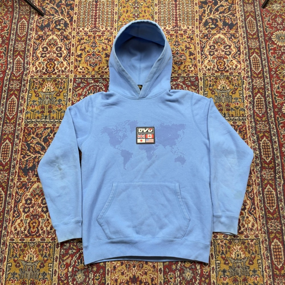 Rare OVO October's Very Own International World Map Hoodie Light Blue S‎ Stain